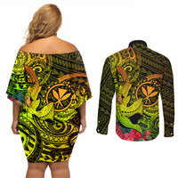 Hawaii Couples Matching Off Shoulder Short Dress and Long Sleeve Button Shirts Kanaka Map With Polynesian Shark Tattoo Reggae Unique - Wonder Print Shop