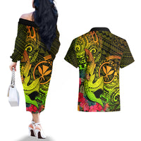 Hawaii Couples Matching Off The Shoulder Long Sleeve Dress and Hawaiian Shirt Kanaka Map With Polynesian Shark Tattoo Reggae Unique - Wonder Print Shop