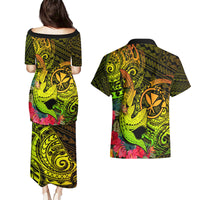 Hawaii Couples Matching Puletasi Dress and Hawaiian Shirt Kanaka Map With Polynesian Shark Tattoo Reggae Unique - Wonder Print Shop