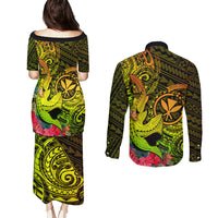 Hawaii Couples Matching Puletasi Dress and Long Sleeve Button Shirts Kanaka Map With Polynesian Shark Tattoo Reggae Unique - Wonder Print Shop