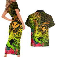 Hawaii Couples Matching Short Sleeve Bodycon Dress and Hawaiian Shirt Kanaka Map With Polynesian Shark Tattoo Reggae Unique - Wonder Print Shop