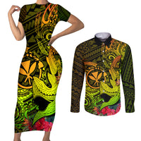 Hawaii Couples Matching Short Sleeve Bodycon Dress and Long Sleeve Button Shirts Kanaka Map With Polynesian Shark Tattoo Reggae Unique - Wonder Print Shop