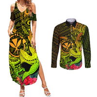 Hawaii Couples Matching Summer Maxi Dress and Long Sleeve Button Shirts Kanaka Map With Polynesian Shark Tattoo Reggae Unique - Wonder Print Shop