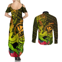Hawaii Couples Matching Summer Maxi Dress and Long Sleeve Button Shirts Kanaka Map With Polynesian Shark Tattoo Reggae Unique - Wonder Print Shop