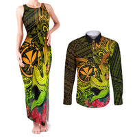 Hawaii Couples Matching Tank Maxi Dress and Long Sleeve Button Shirts Kanaka Map With Polynesian Shark Tattoo Reggae Unique - Wonder Print Shop
