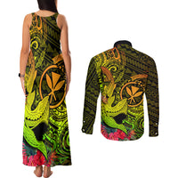 Hawaii Couples Matching Tank Maxi Dress and Long Sleeve Button Shirts Kanaka Map With Polynesian Shark Tattoo Reggae Unique - Wonder Print Shop