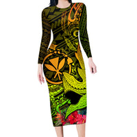 Hawaii Long Sleeve Bodycon Dress Kanaka Map With Polynesian Shark Tattoo Reggae Unique - Wonder Print Shop