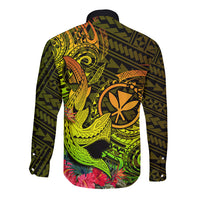 Hawaii Long Sleeve Button Shirt Kanaka Map With Polynesian Shark Tattoo Reggae Unique - Wonder Print Shop