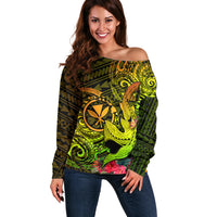 Hawaii Off Shoulder Sweater Kanaka Map With Polynesian Shark Tattoo Reggae Unique - Wonder Print Shop