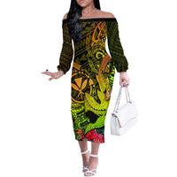 Hawaii Off The Shoulder Long Sleeve Dress Kanaka Map With Polynesian Shark Tattoo Reggae Unique - Wonder Print Shop