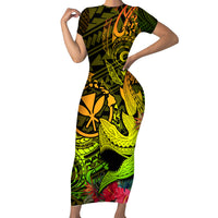 Hawaii Short Sleeve Bodycon Dress Kanaka Map With Polynesian Shark Tattoo Reggae Unique - Wonder Print Shop