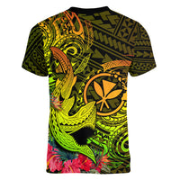 Hawaii Women V Neck T Shirt Kanaka Map With Polynesian Shark Tattoo Reggae Unique - Wonder Print Shop