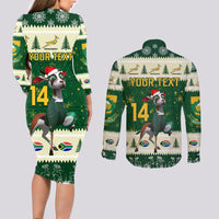Custom South Africa Rugby Christmas Couples Matching Long Sleeve Bodycon Dress and Long Sleeve Button Shirt Geseende Kersfees Springboks African Pattern - Wonder Print Shop