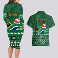 Personalised South Africa Christmas Couples Matching Long Sleeve Bodycon Dress and Hawaiian Shirt Cool Santa Claus With South African Map - Wonder Print Shop