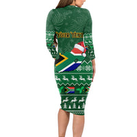 Personalised South Africa Christmas Long Sleeve Bodycon Dress Cool Santa Claus With South African Map - Wonder Print Shop
