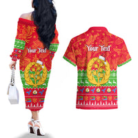 Personalised Eritrea Christmas Couples Matching Off The Shoulder Long Sleeve Dress and Hawaiian Shirt Eritrean Olive Santa Claus Merry Xmas - Wonder Print Shop