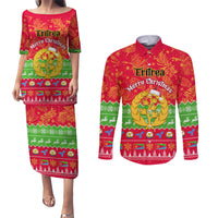 Personalised Eritrea Christmas Couples Matching Puletasi Dress and Long Sleeve Button Shirt Eritrean Olive Santa Claus Merry Xmas - Wonder Print Shop