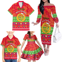 Personalised Eritrea Christmas Family Matching Off Shoulder Long Sleeve Dress and Hawaiian Shirt Eritrean Olive Santa Claus Merry Xmas - Wonder Print Shop