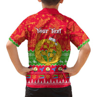 Kids red Christmas Hawaiian shirt back with “Your Text” and Santa graphic, short sleeves