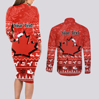 Personalised Canada Christmas Couples Matching Long Sleeve Bodycon Dress and Long Sleeve Button Shirt Maple Leaf Santa With Map Merry Xmas - Wonder Print Shop