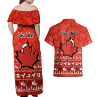 Personalised Canada Christmas Couples Matching Off Shoulder Maxi Dress and Hawaiian Shirt Maple Leaf Santa With Map Merry Xmas - Wonder Print Shop