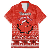 Red Christmas Hawaiian shirt with Canada and Joyeux Noel on front, maple leaf graphic