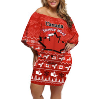 Red off-shoulder short dress with Christmas graphic and wide sleeves, front view