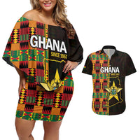 Ghana 1957 Couples Matching Off Shoulder Short Dress and Hawaiian Shirt Independence Anniversary Kente Pattern