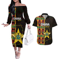 Ghana 1957 Couples Matching Off The Shoulder Long Sleeve Dress and Hawaiian Shirt Independence Anniversary Kente Pattern