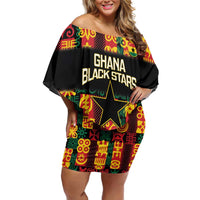 Custom Ghana Football Family Matching Off Shoulder Short Dress and Hawaiian Shirt 2025 Go Black Stars Adinkra pattern