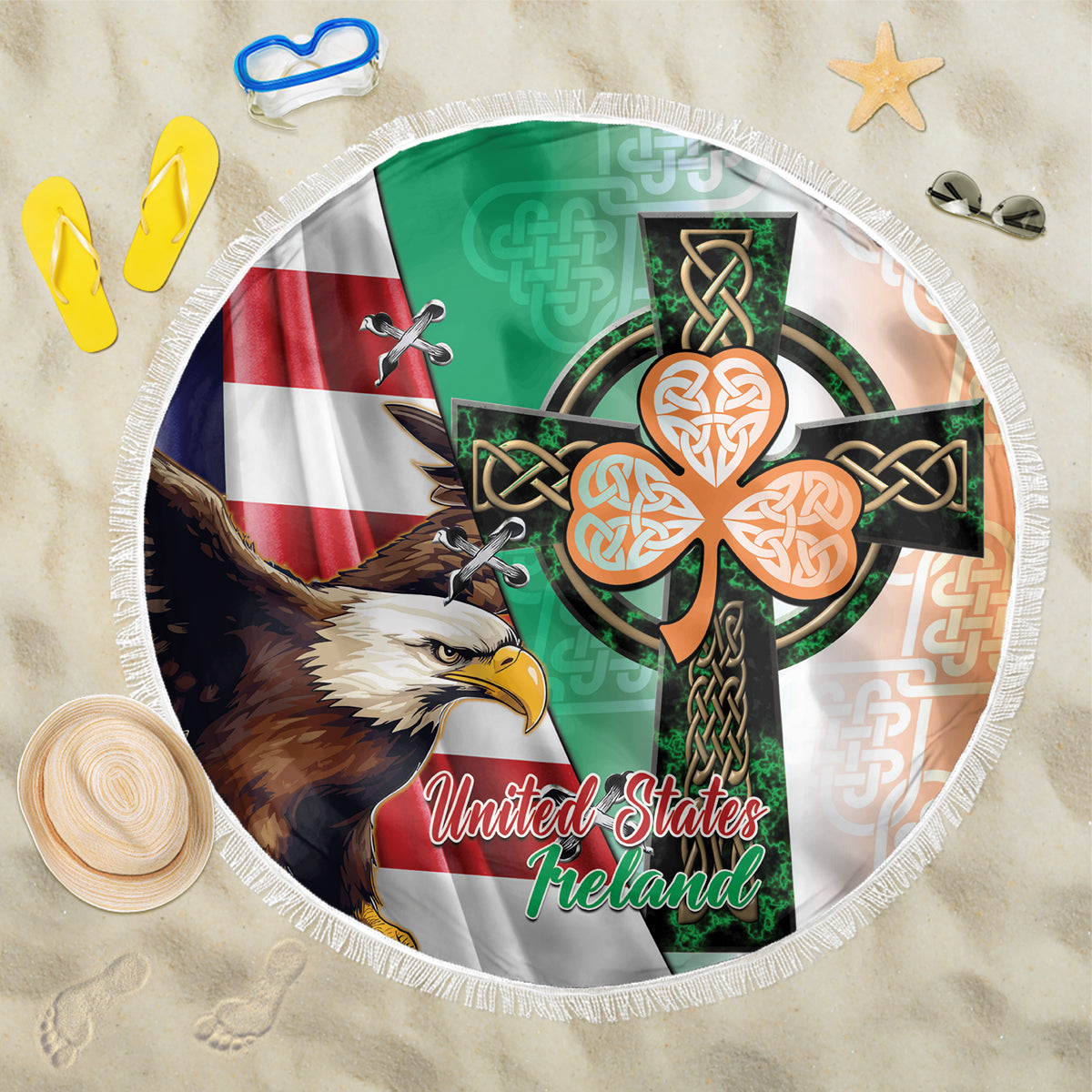 United States And Ireland Beach Blanket USA Eagle With Irish Celtic Cross