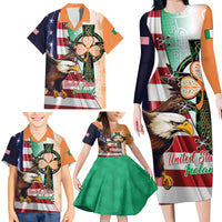 United States And Ireland Family Matching Long Sleeve Bodycon Dress and Hawaiian Shirt USA Eagle With Irish Celtic Cross - Wonder Print Shop