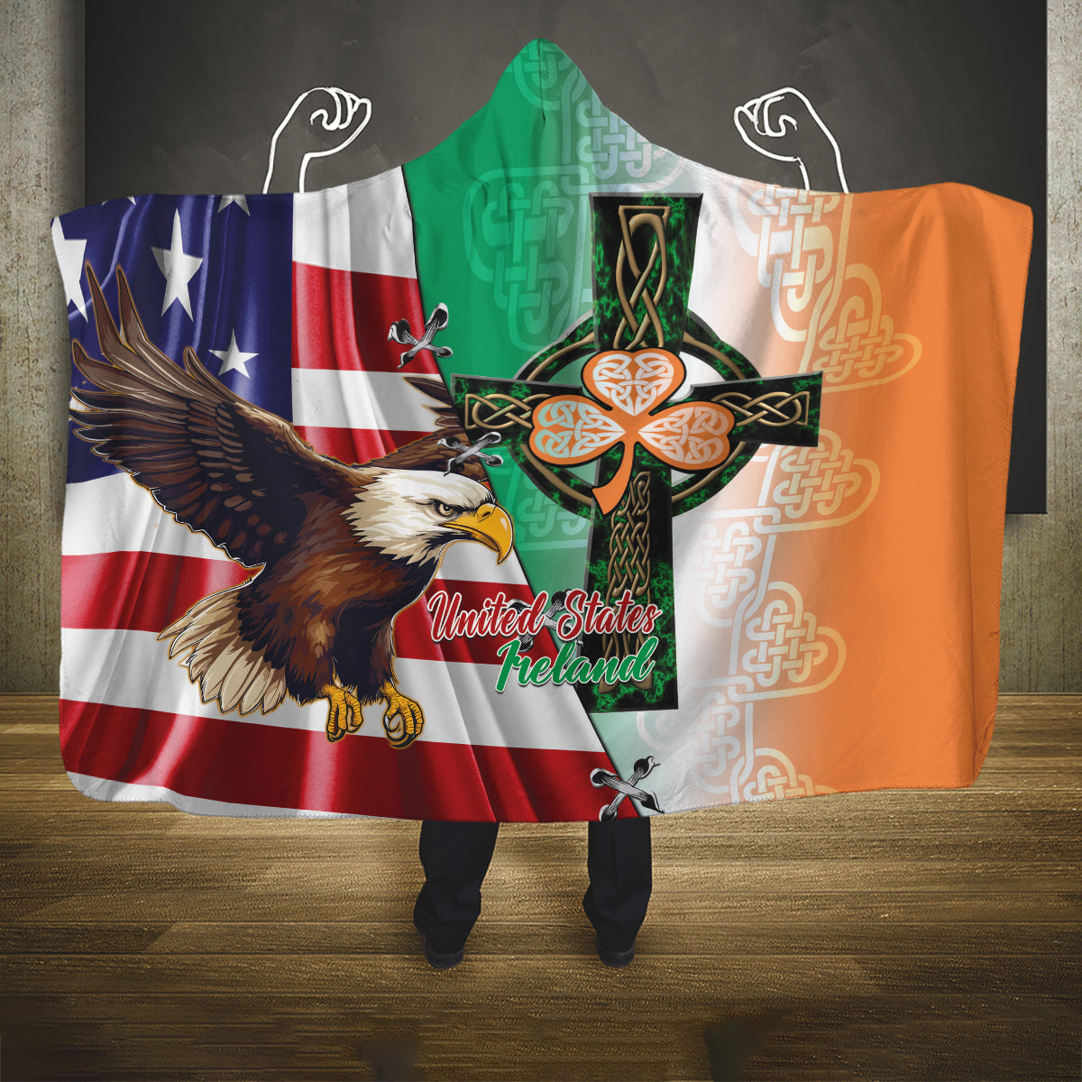 United States And Ireland Hooded Blanket USA Eagle With Irish Celtic Cross