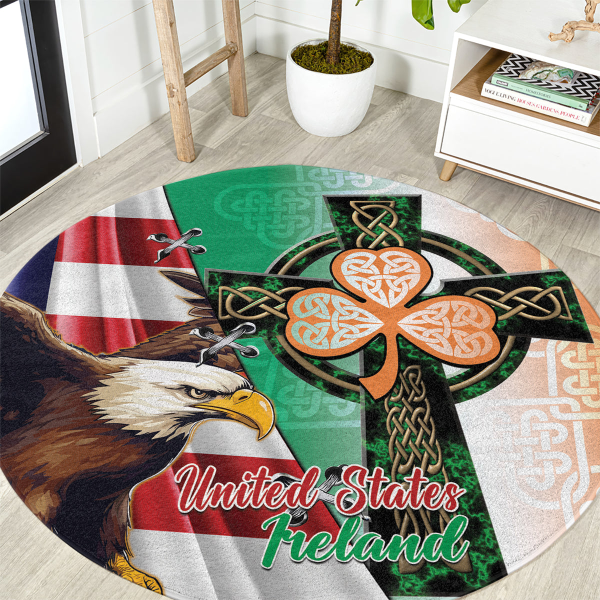 United States And Ireland Round Carpet USA Eagle With Irish Celtic Cross