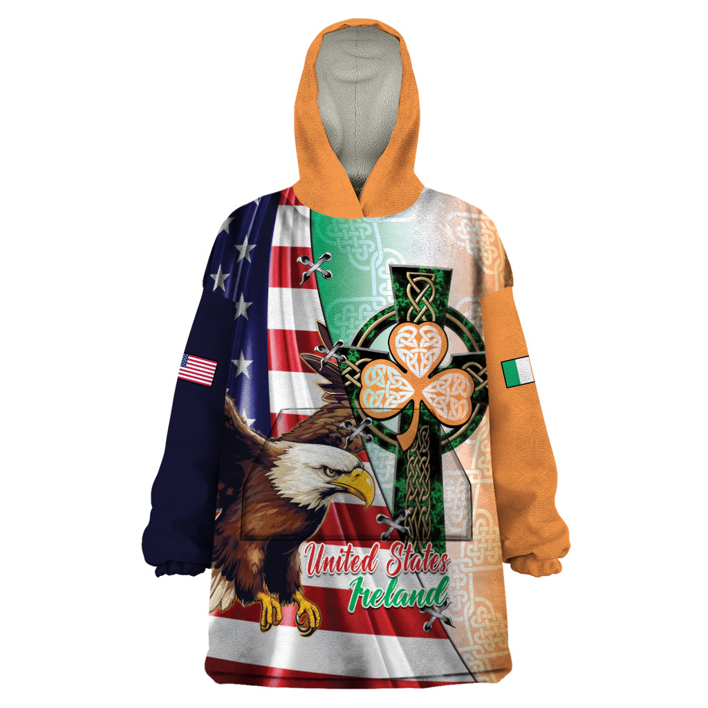 United States And Ireland Wearable Blanket Hoodie USA Eagle With Irish Celtic Cross