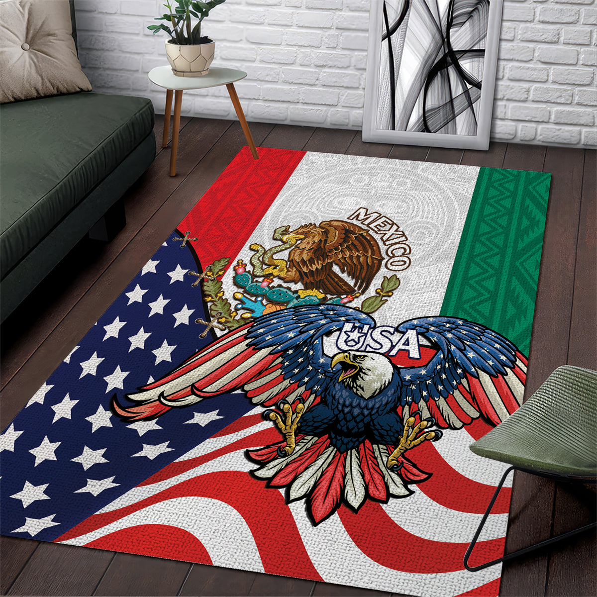 United States And Mexico Area Rug USA Eagle With Mexican Aztec