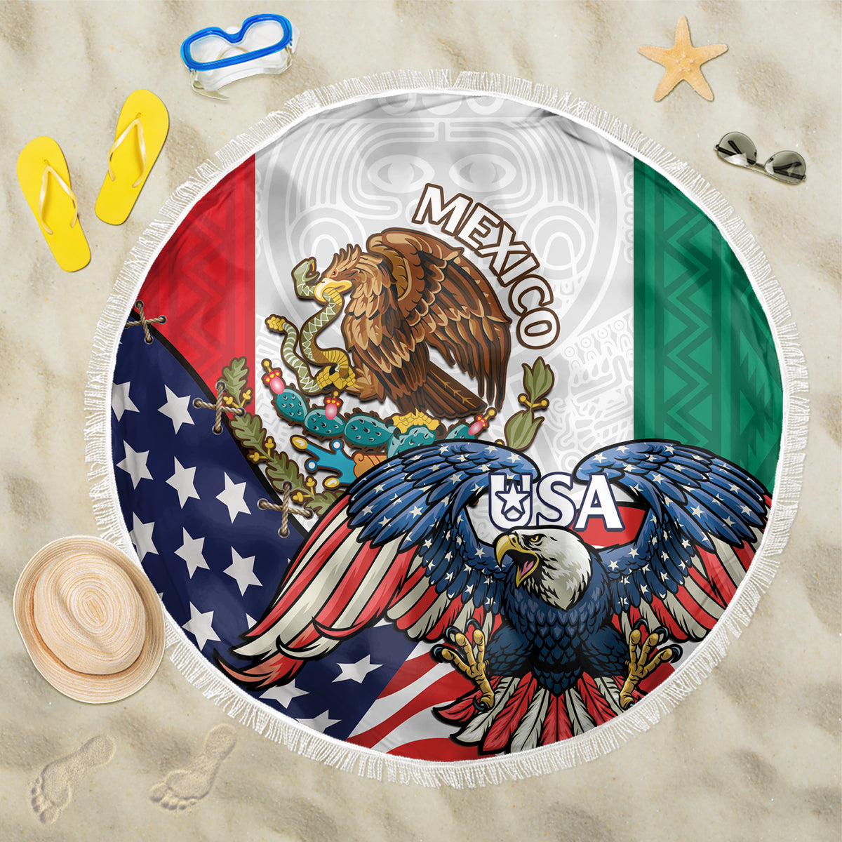 United States And Mexico Beach Blanket USA Eagle With Mexican Aztec