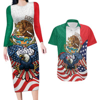 United States And Mexico Couples Matching Long Sleeve Bodycon Dress and Hawaiian Shirt USA Eagle With Mexican Aztec - Wonder Print Shop