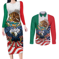 United States And Mexico Couples Matching Long Sleeve Bodycon Dress and Long Sleeve Button Shirt USA Eagle With Mexican Aztec - Wonder Print Shop