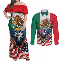 United States And Mexico Couples Matching Off Shoulder Maxi Dress and Long Sleeve Button Shirt USA Eagle With Mexican Aztec - Wonder Print Shop