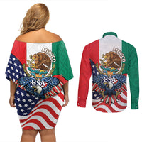 United States And Mexico Couples Matching Off Shoulder Short Dress and Long Sleeve Button Shirt USA Eagle With Mexican Aztec - Wonder Print Shop