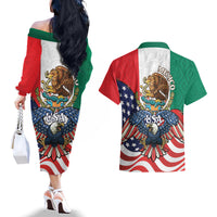 United States And Mexico Couples Matching Off The Shoulder Long Sleeve Dress and Hawaiian Shirt USA Eagle With Mexican Aztec - Wonder Print Shop
