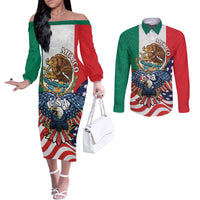 United States And Mexico Couples Matching Off The Shoulder Long Sleeve Dress and Long Sleeve Button Shirt USA Eagle With Mexican Aztec