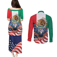 United States And Mexico Couples Matching Puletasi and Long Sleeve Button Shirt USA Eagle With Mexican Aztec - Wonder Print Shop