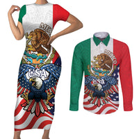 United States And Mexico Couples Matching Short Sleeve Bodycon Dress and Long Sleeve Button Shirt USA Eagle With Mexican Aztec - Wonder Print Shop