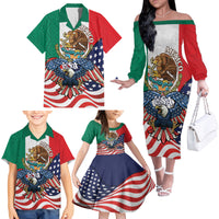 United States And Mexico Family Matching Off The Shoulder Long Sleeve Dress and Hawaiian Shirt USA Eagle With Mexican Aztec - Wonder Print Shop