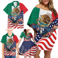 United States And Mexico Family Matching Off Shoulder Short Dress and Hawaiian Shirt USA Eagle With Mexican Aztec - Wonder Print Shop