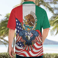 Hawaiian shirt back view with Mexico and eagle crest, red-white striped flag wings