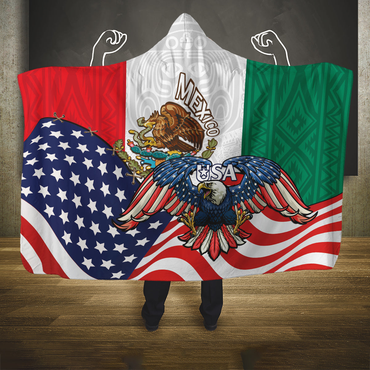 United States And Mexico Hooded Blanket USA Eagle With Mexican Aztec