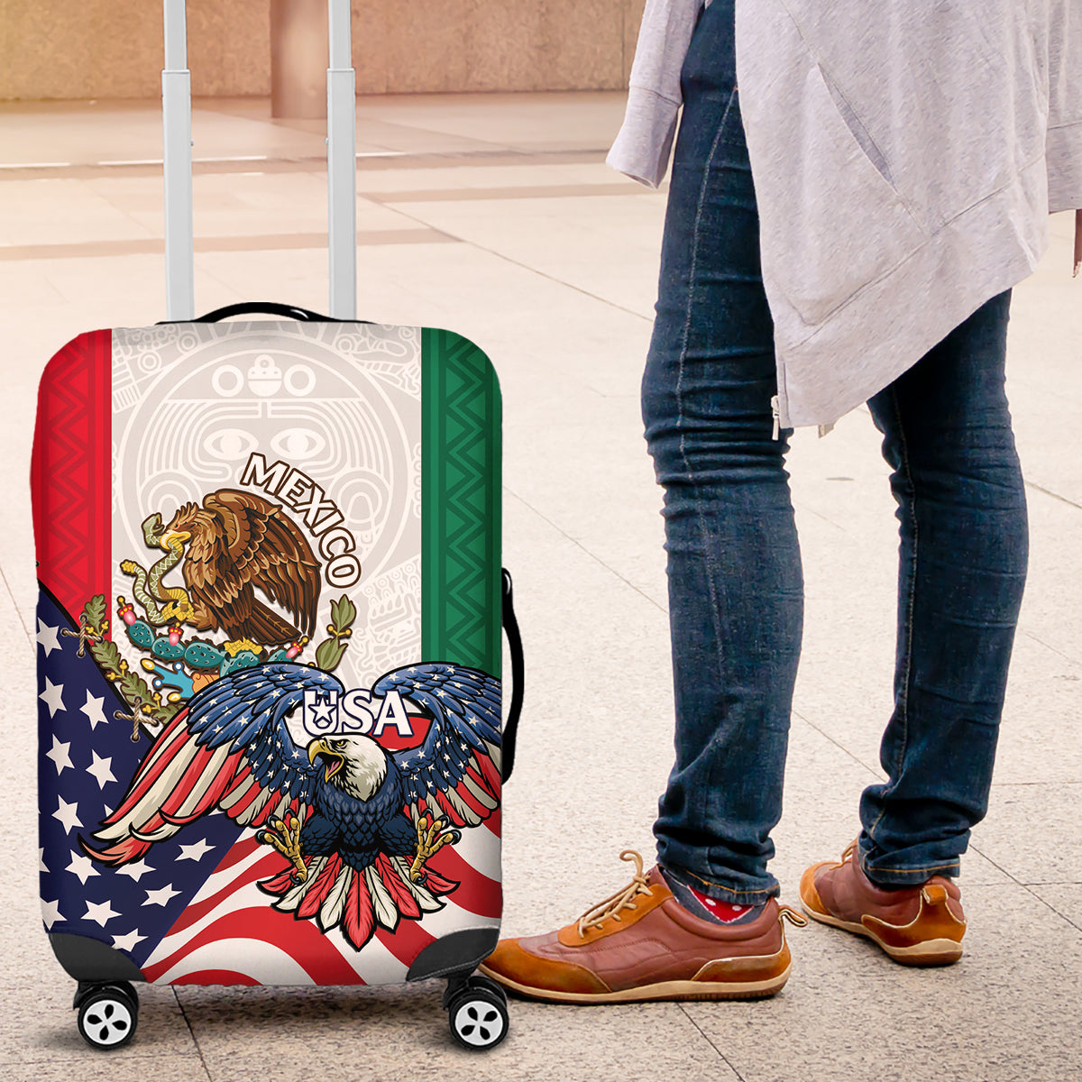 United States And Mexico Luggage Cover USA Eagle With Mexican Aztec